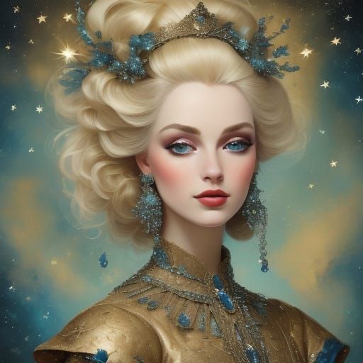 Elegant European Woman in Blue Corset Gown with Pearls and L...