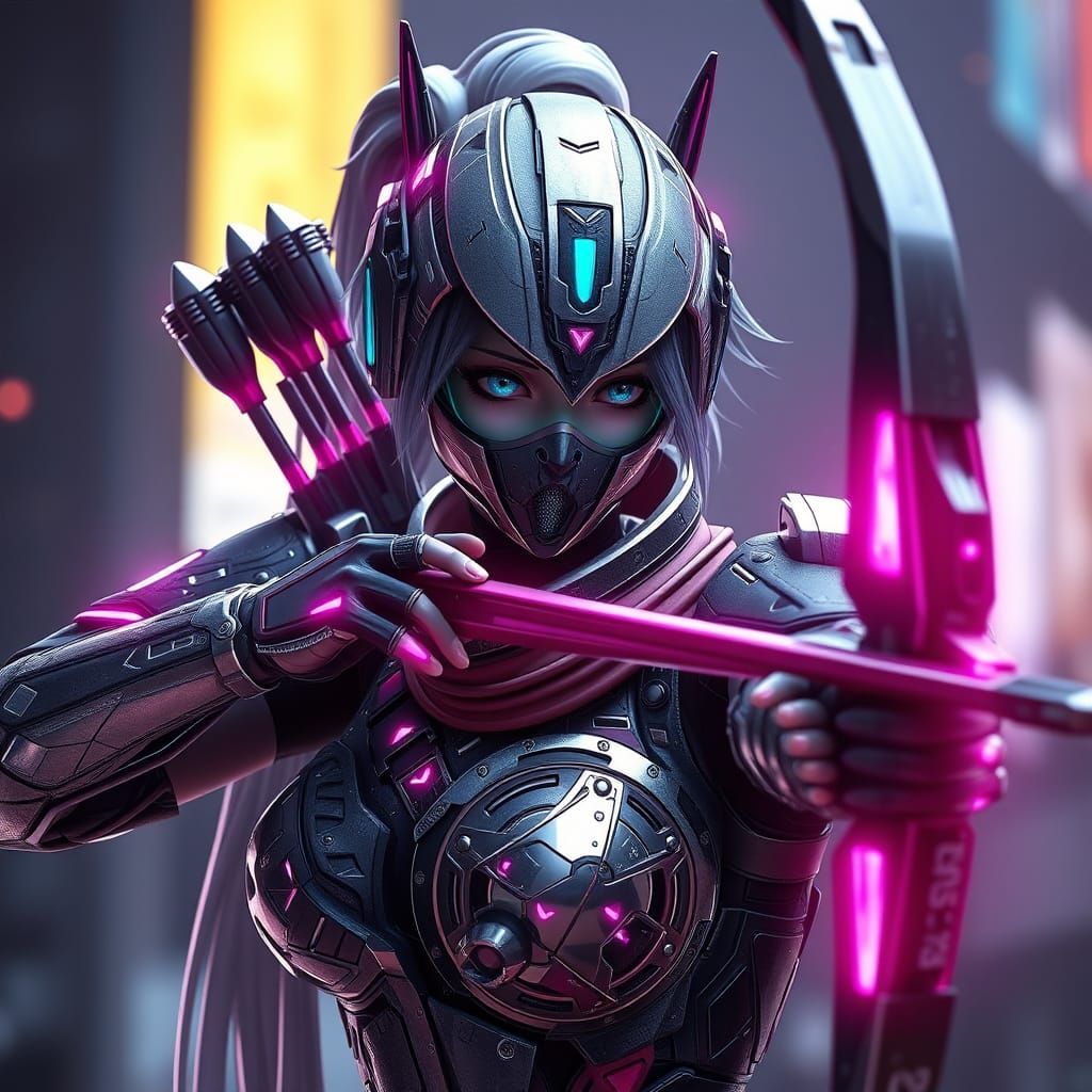 Cyberpunk Female Archer in 3D Anime Style