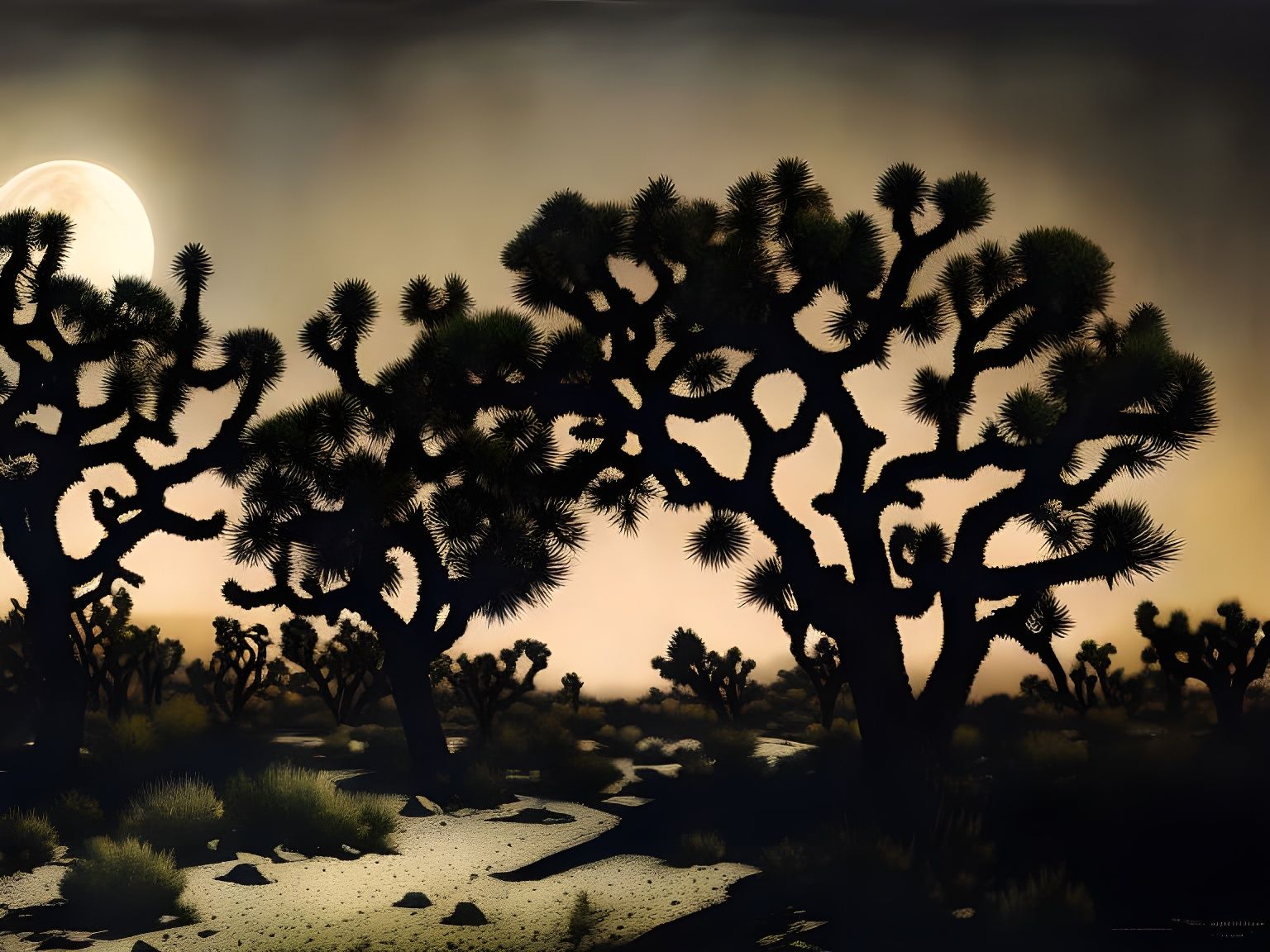 Moonlit Joshua Trees in Mojave Desert Fantasy Art