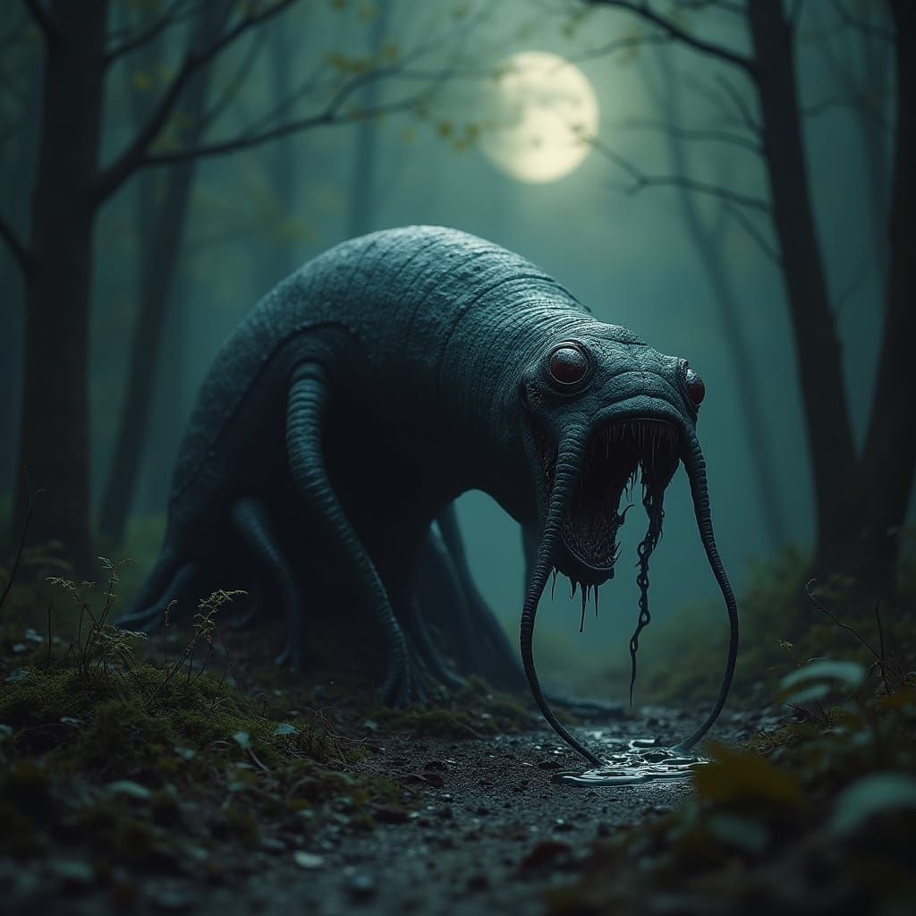 Dark, Malevolent Slug Amidst Eerie Forest