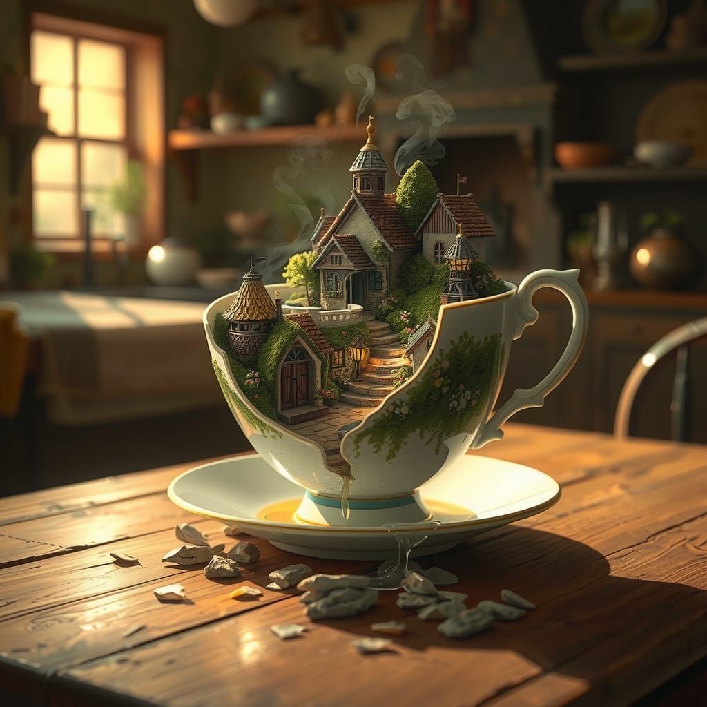 Enchanted Village in Teacup, Detailed Fantasy Scene