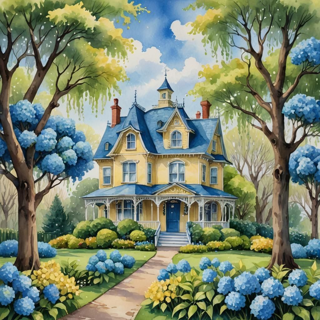 Blue Victorian House with Hydrangeas in Watercolor Style