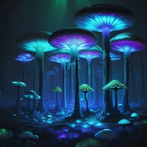 Astronaut Exploring Alien Luminous Mushroom Forest
