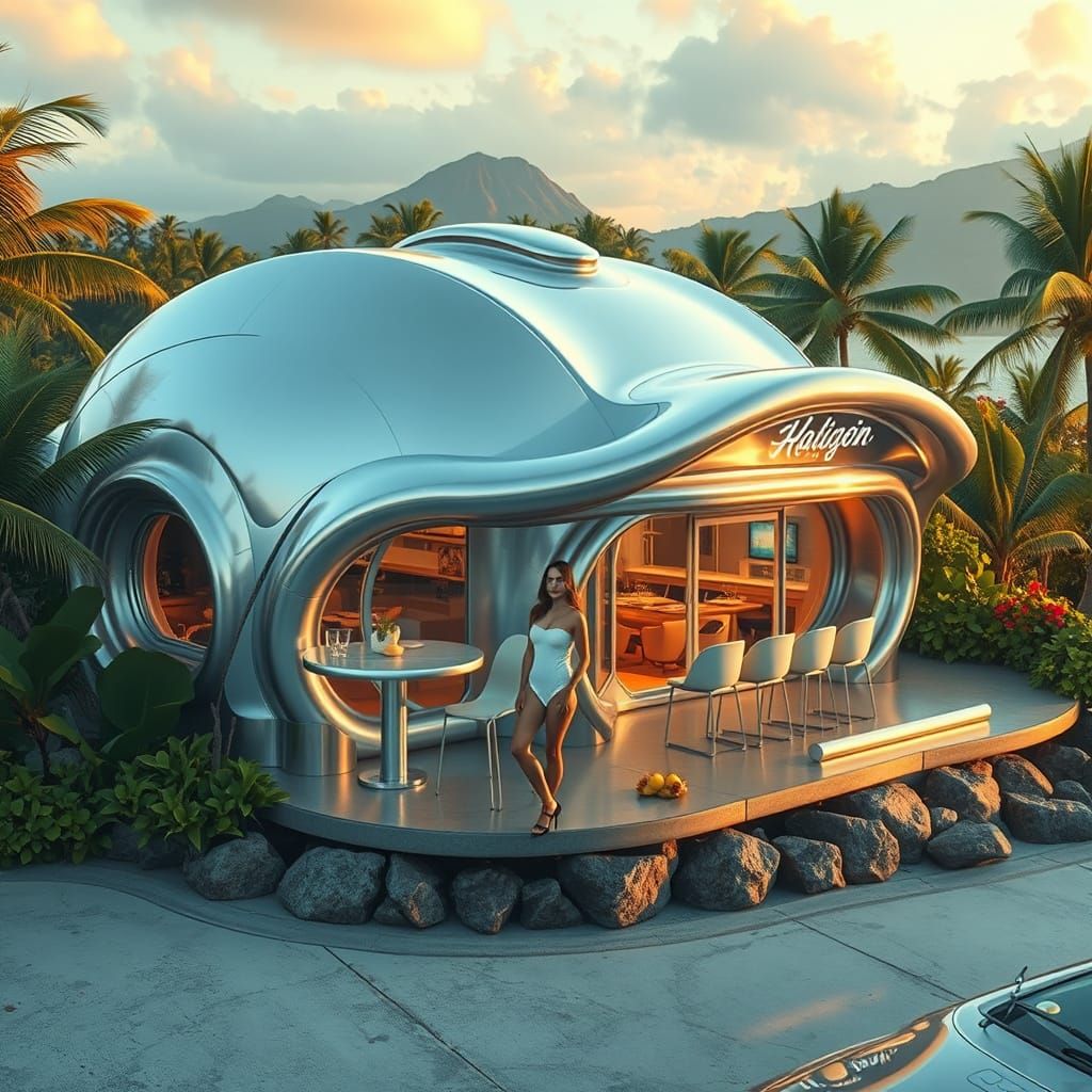 an ultra futuristic monochromatic   restaurant on a Hawaiian...