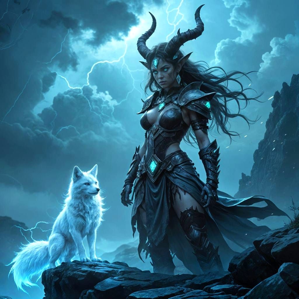 Female Satyr Warrior with Spectral Fox in Dark Fantasy Style