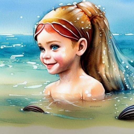 Beautiful Mermaid in Sea, Watercolor Illustration