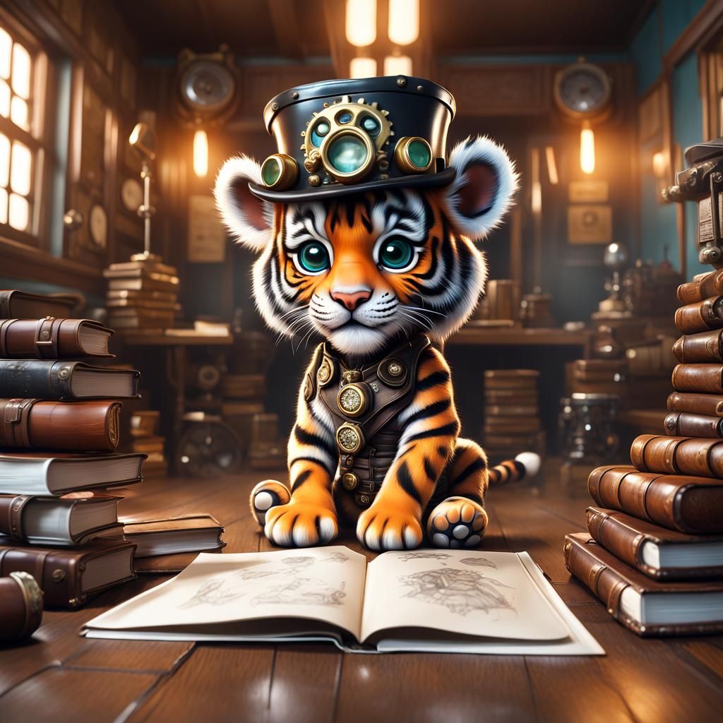 Steampunk Sumatran Tiger Cub in Nursery, Airbrush Style