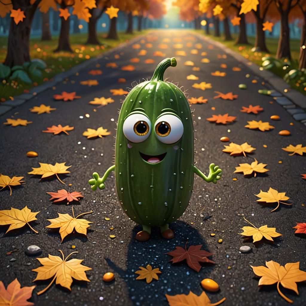 Pixar-Style Cucumber Character in Autumn Scene