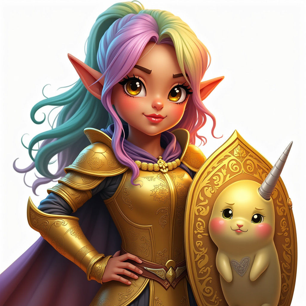 Heroic Half-Elf Warrior with Rainbow Cape, Digital Art