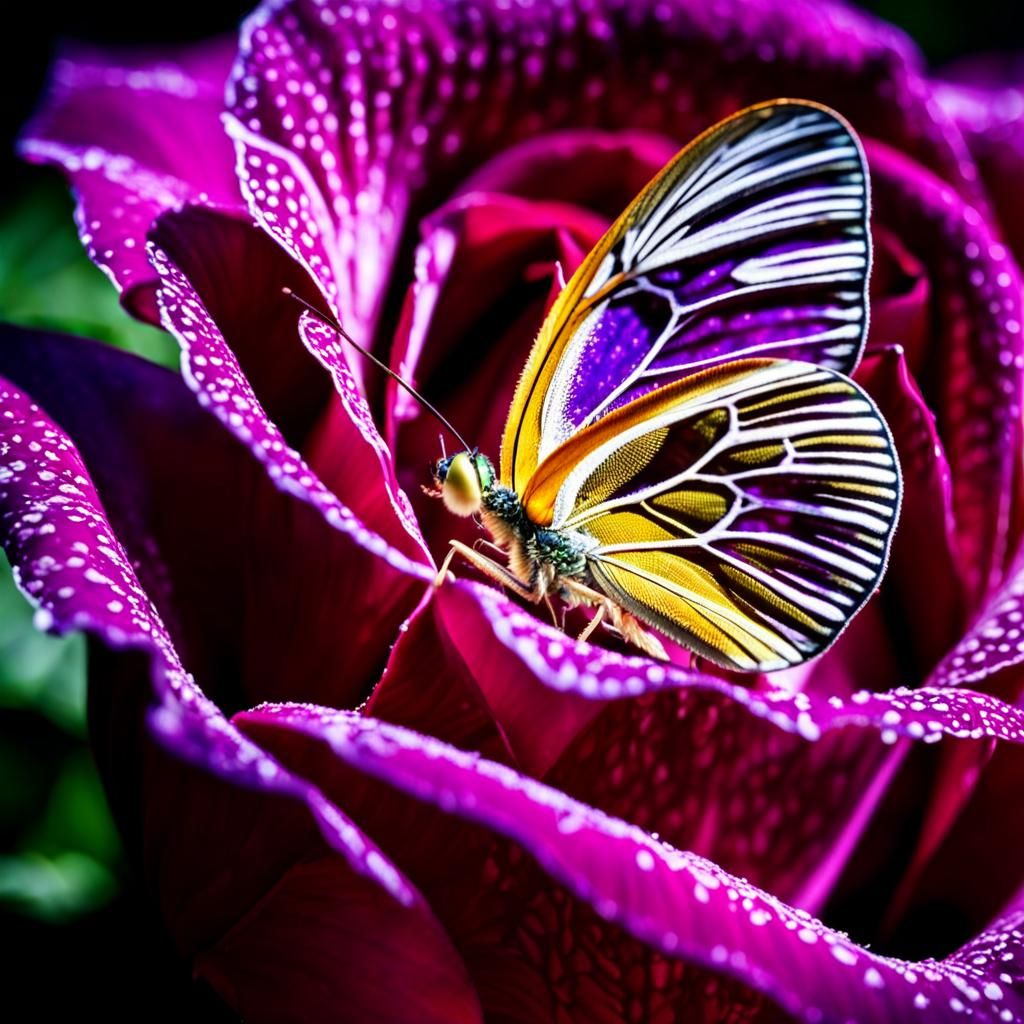 Lacewing on Purple Rosebud in Macro Photography