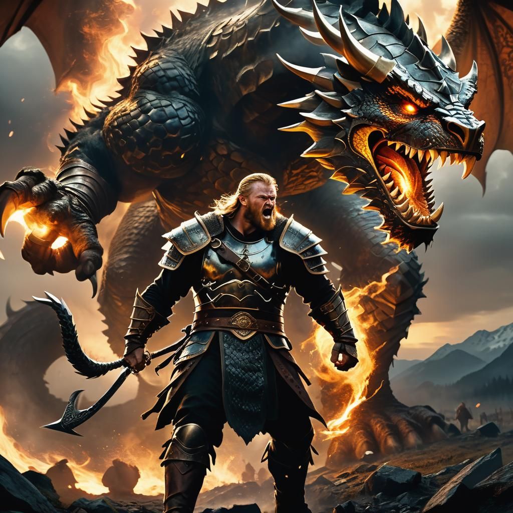 Beowulf Charges Dragon in Epic Fantasy Battle