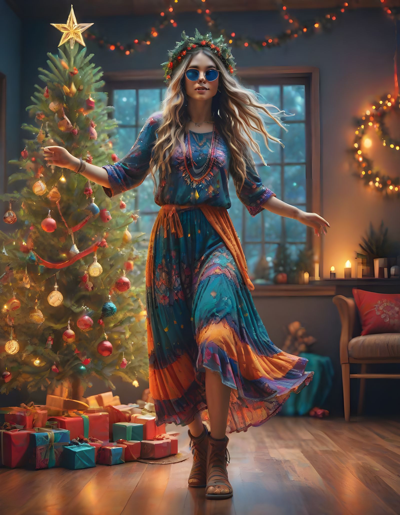 Vibrant Hippie Girl Dances Around Christmas Tree in Cyberpun...