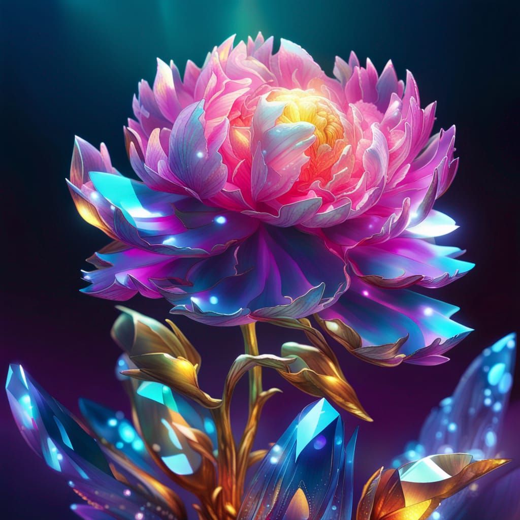 Glowing Crystal Ice Peony in Digital Art Style