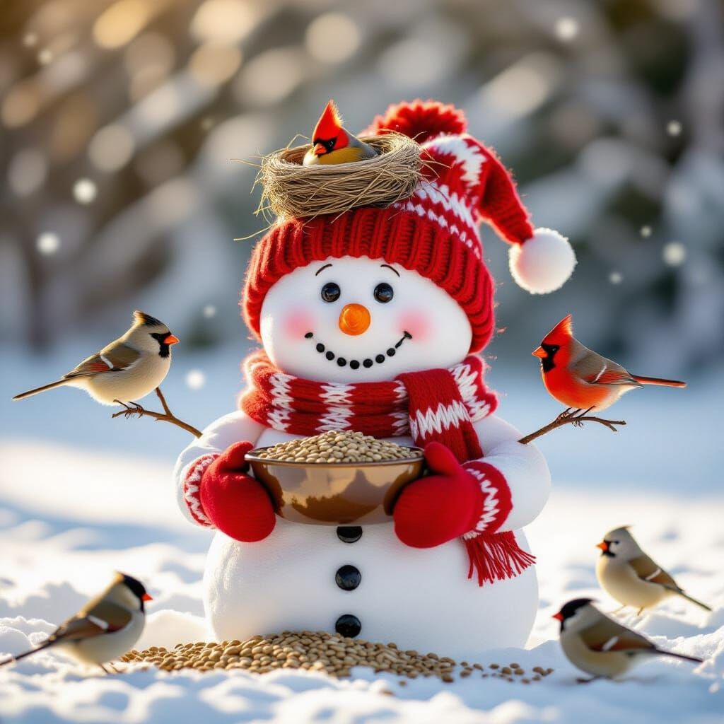 Jolly Snowman with Birds and Cardinal Nest in Golden Hour