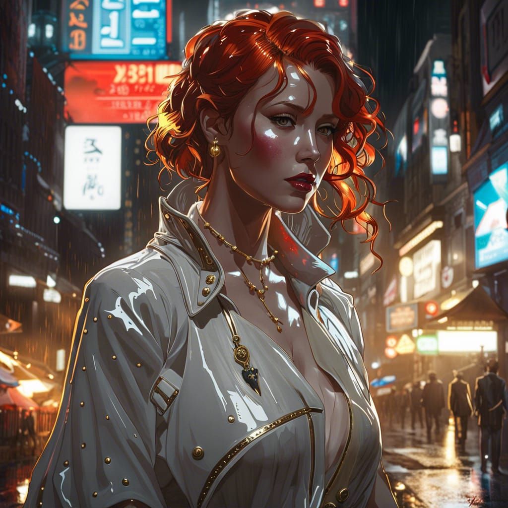 Redhead in White Dress on Rainy Neon Street