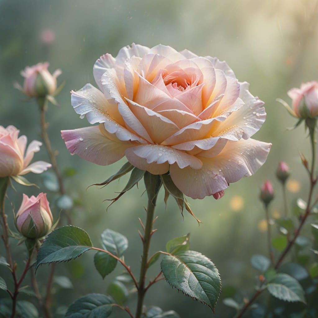 Whimsical Rose Blooms in Misty Garden