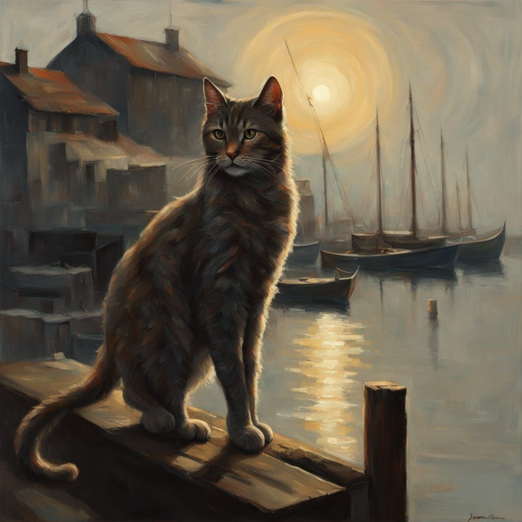 Old Cat by Moonlit Harbor Fishing Village Oil Painting