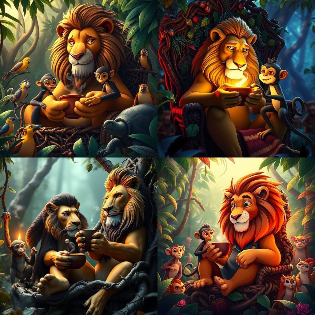 Majestic Lion King Sips Tea in Vibrant Jungle Scene
