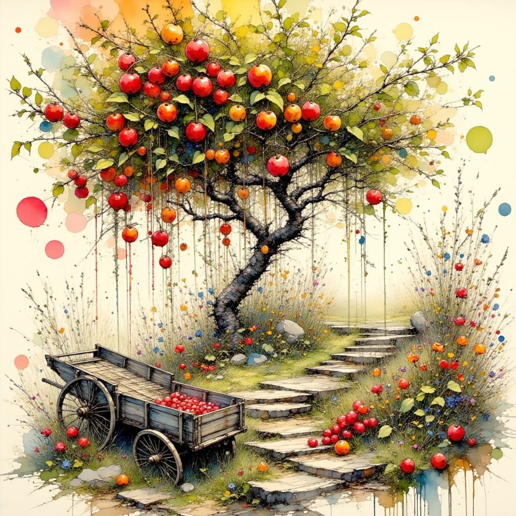 Rustic Garden with Apple Tree and Cart, Poetic Watercolor St...