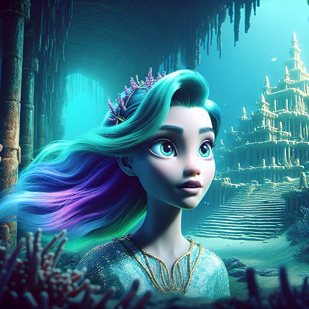 Disney Pixar style 3D gorgeous beautiful mermaid with teal and purple hair, exploring the wonders of Lost Atlantis backg...