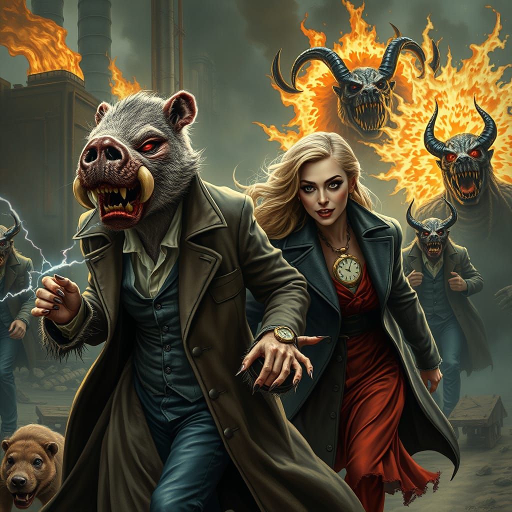 Ethereal Woman Flees Beside Her Glowing Boarman in a Dark, I...