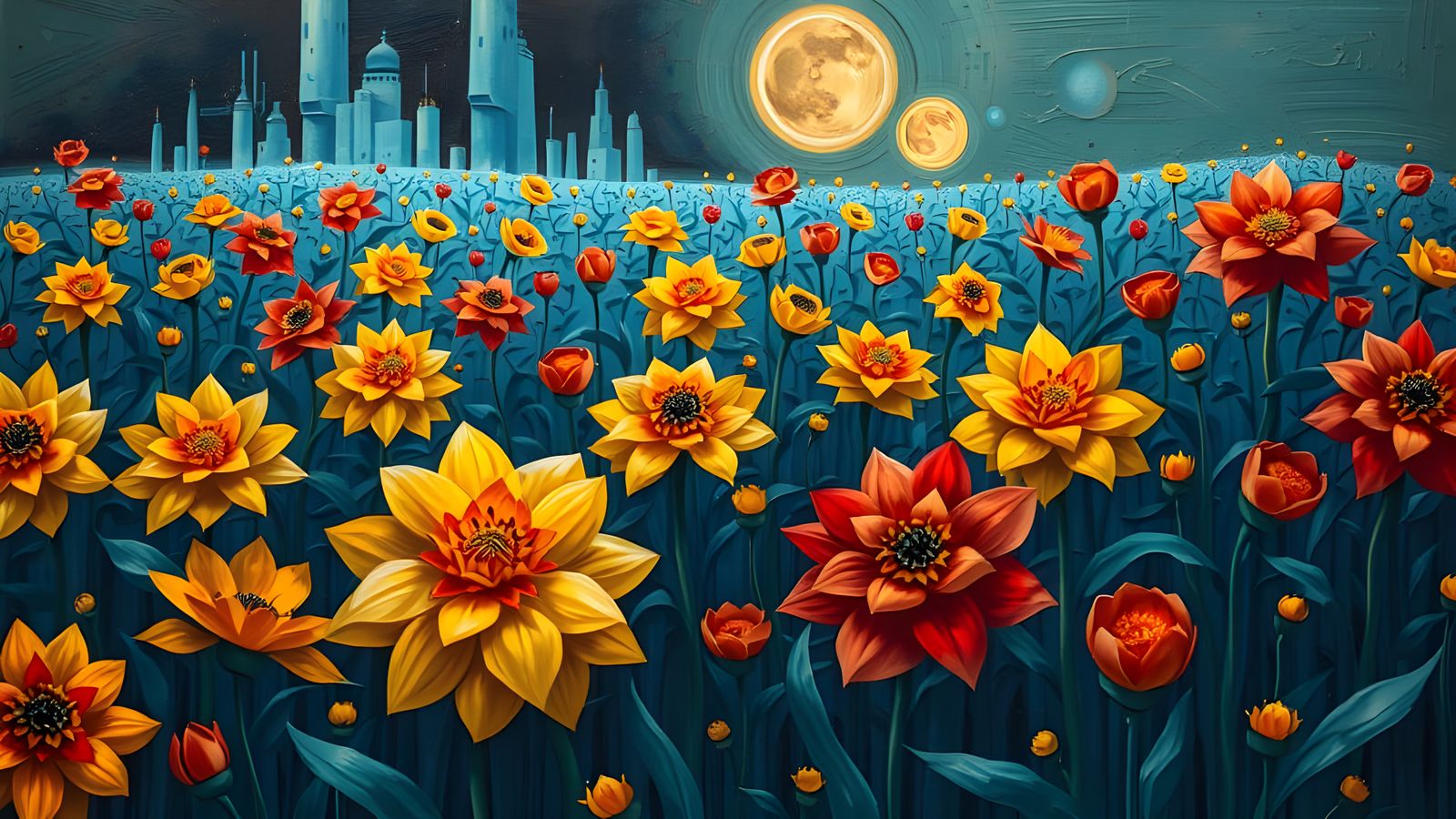 Cubist Flowers in Industrial Landscape, Salvador Dali Style