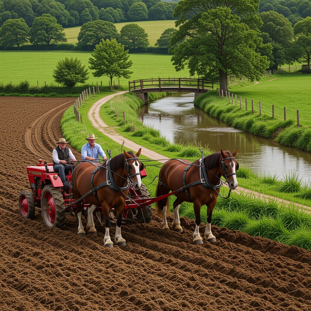 Suffolk Punch Horses Ploughing Field by River