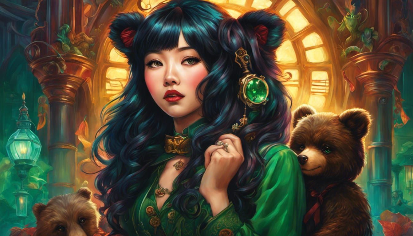 Steampunk Asian Vampire Girl with Bear, Digital Art