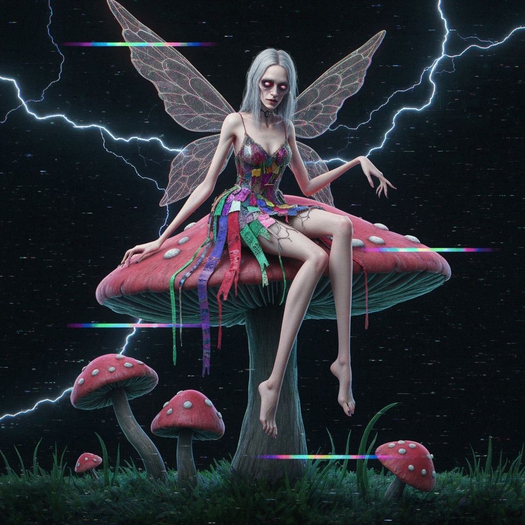 Eerie Fairy on Mushroom in Cyberpunk Style