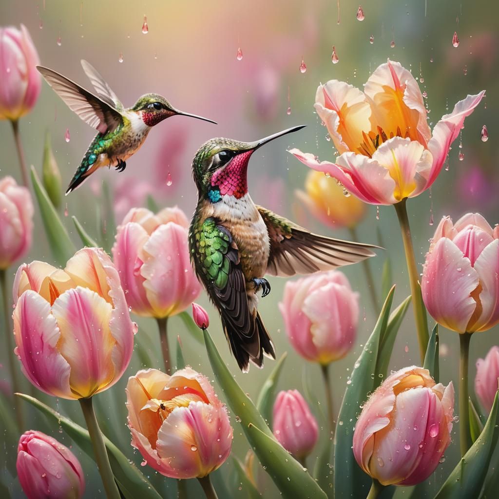A vibrant hummingbird perches on a pink tulip