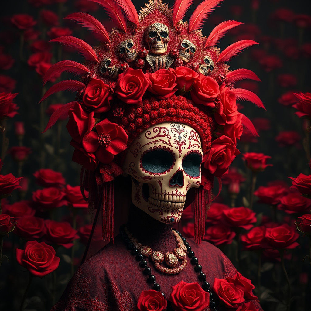 Ornate Day of the Dead Headdress with Red Roses