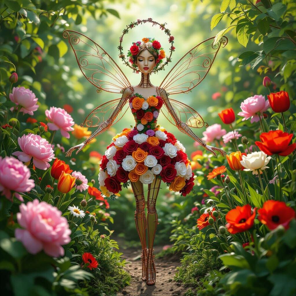 Wire Fairy Adorned in Roses Amidst Lush Garden