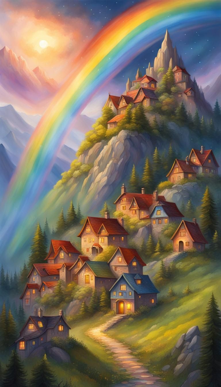 Fantasy Village Rainbow Painting at Sunset