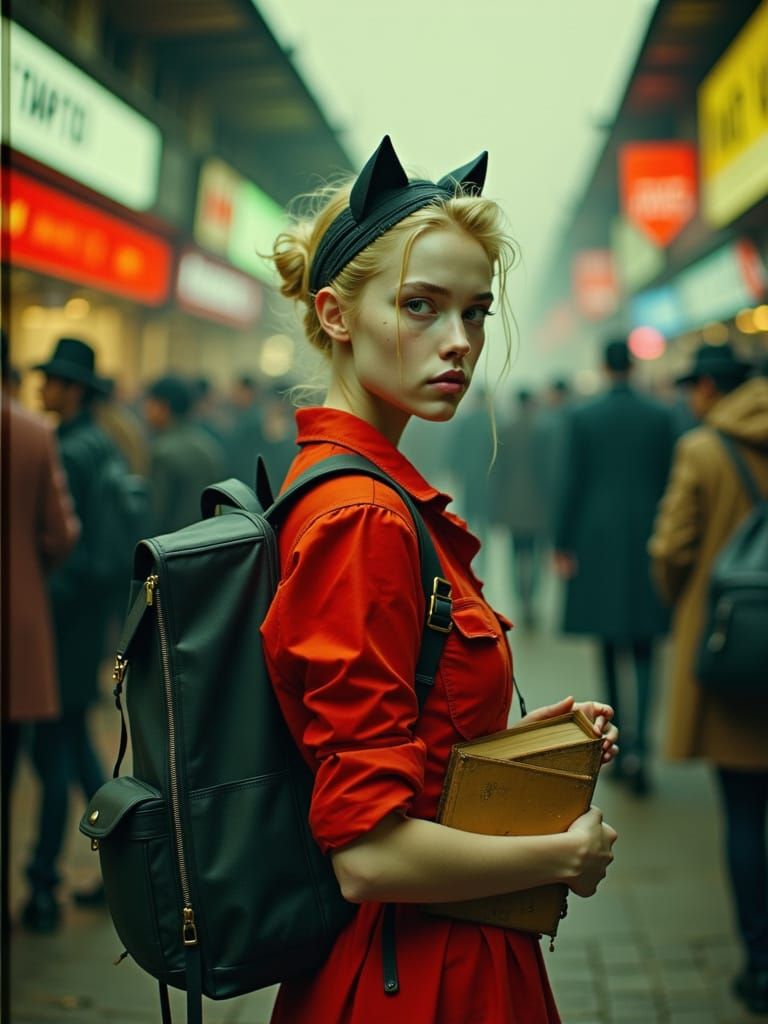 Surreal Urban Portrait: Woman Clinging to Knowledge