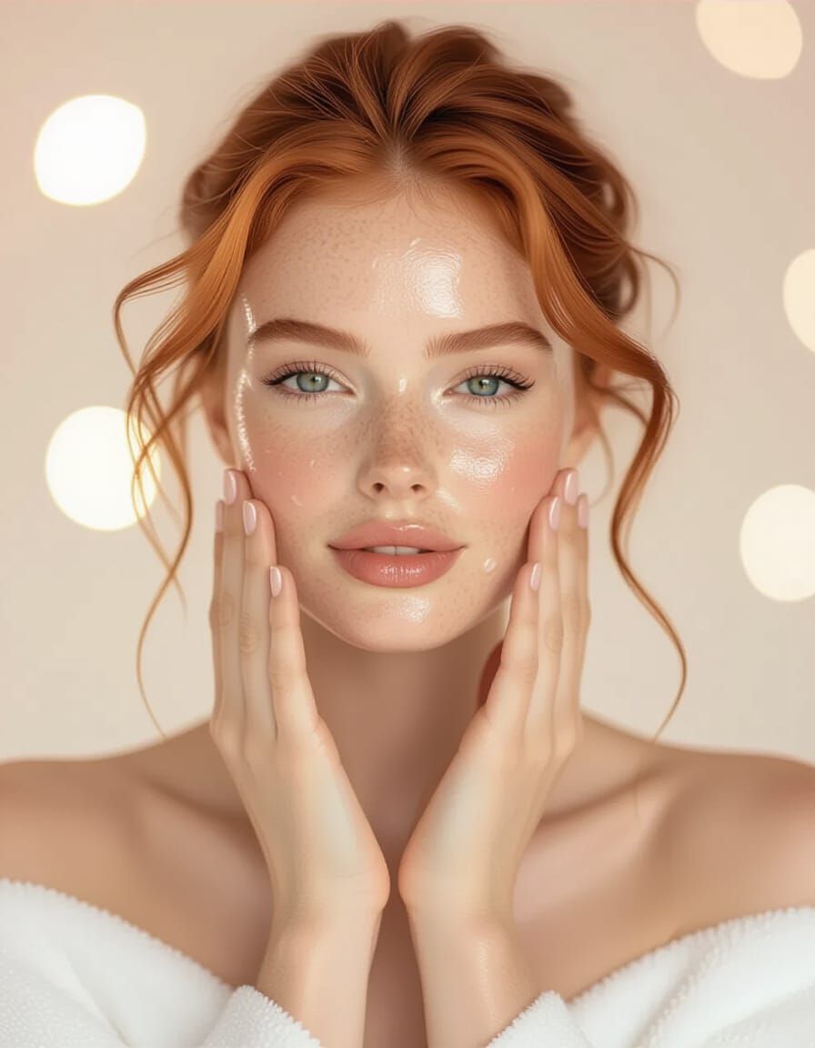 Redhead Cleansing Face in Soft Morning Light