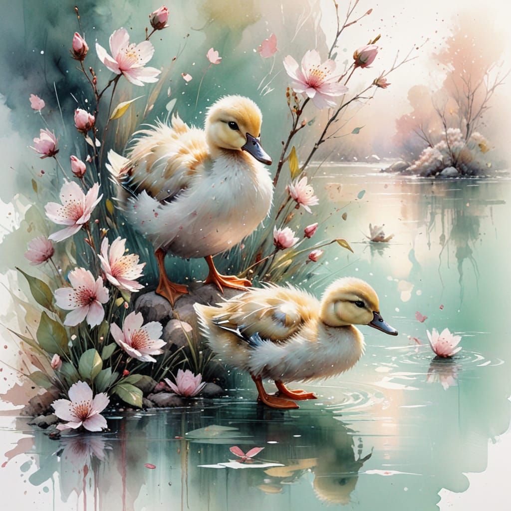 Ducklings in Cherry Blossom Garden: Pastel Watercolor Sketch