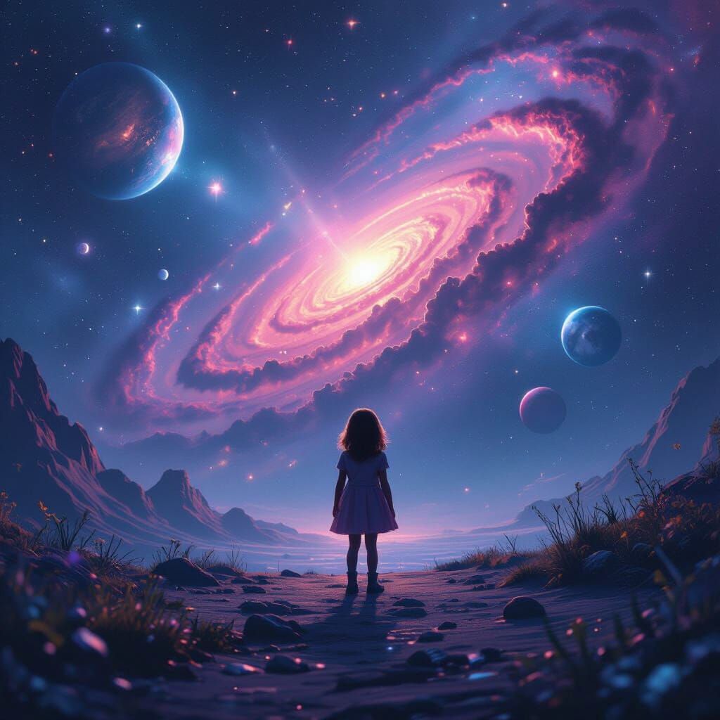 Girl Lost in Cosmic Galaxy with Neon Nebulas