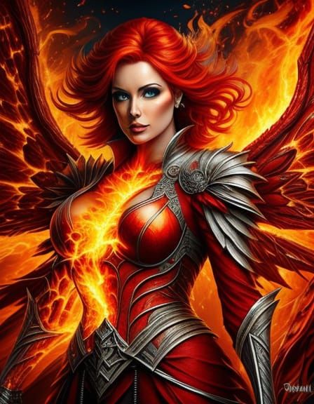 Fiery Elemental Fairy Woman with Blazing Wings