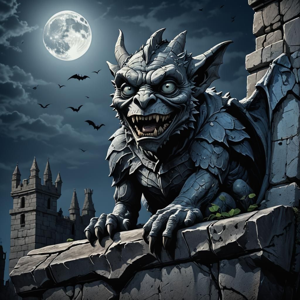 Mischievous Gargoyle Under Moonlight in Gothic Digital Art