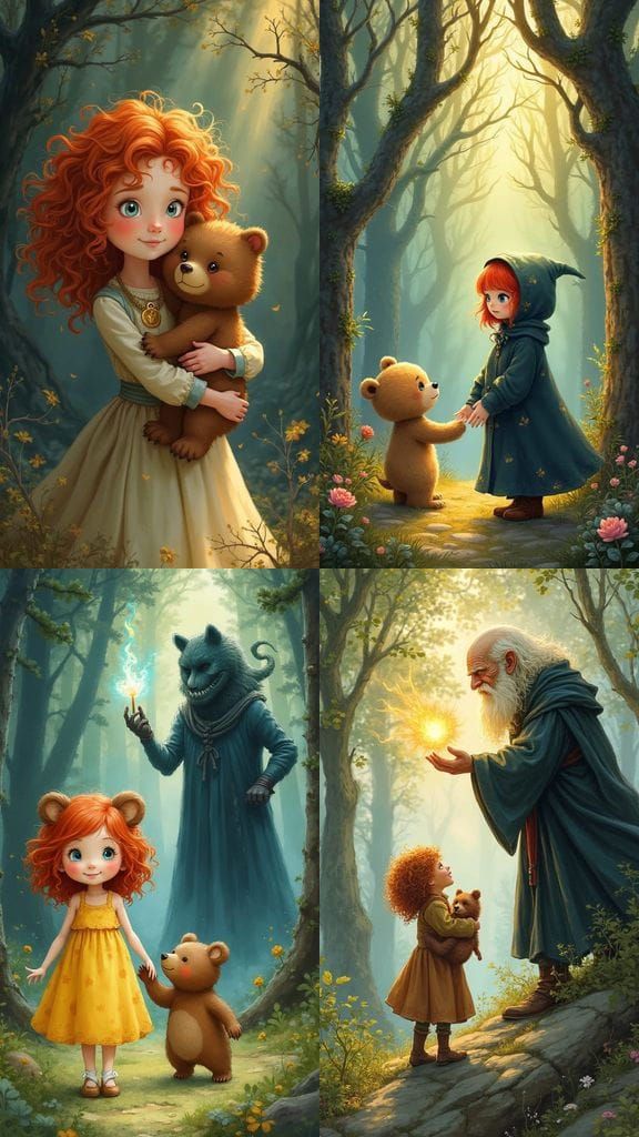 Cute Redhead Girl and Her Fierce Bear in a Magical Encounter