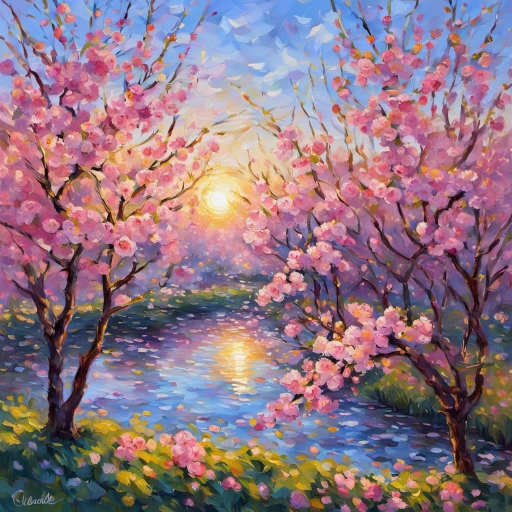 Spring Cherry Blossoms as Impressionist Oil Painting
