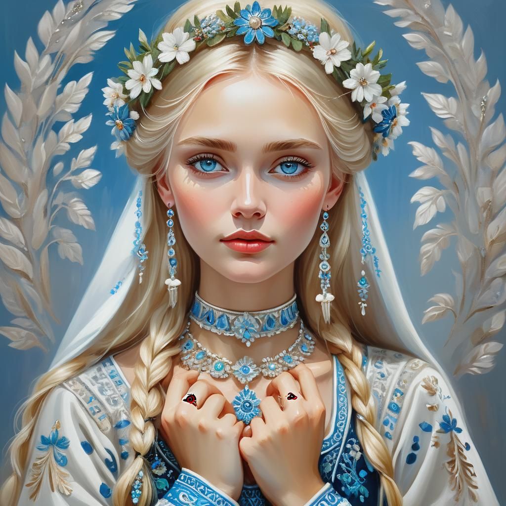 Slavic Girl in Embroidered Clothing: Oil Painting