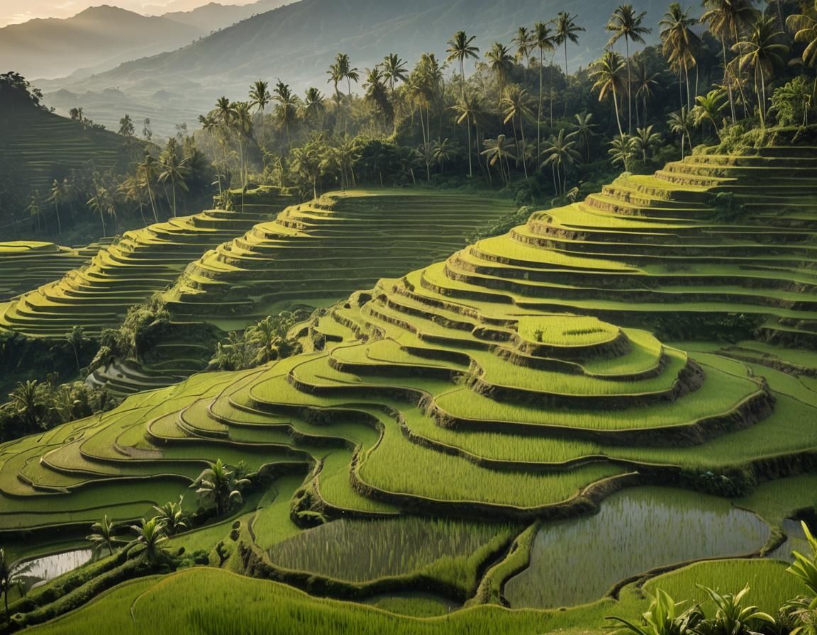 Lush Indonesian Rice Terraces at Sunrise
