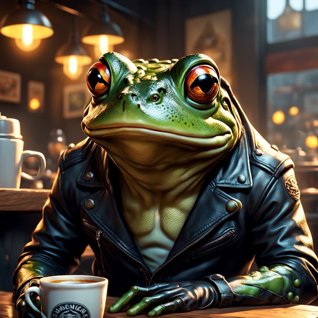 Comic Book Style Bullfrog in Leather Biker Gear Sips Coffee