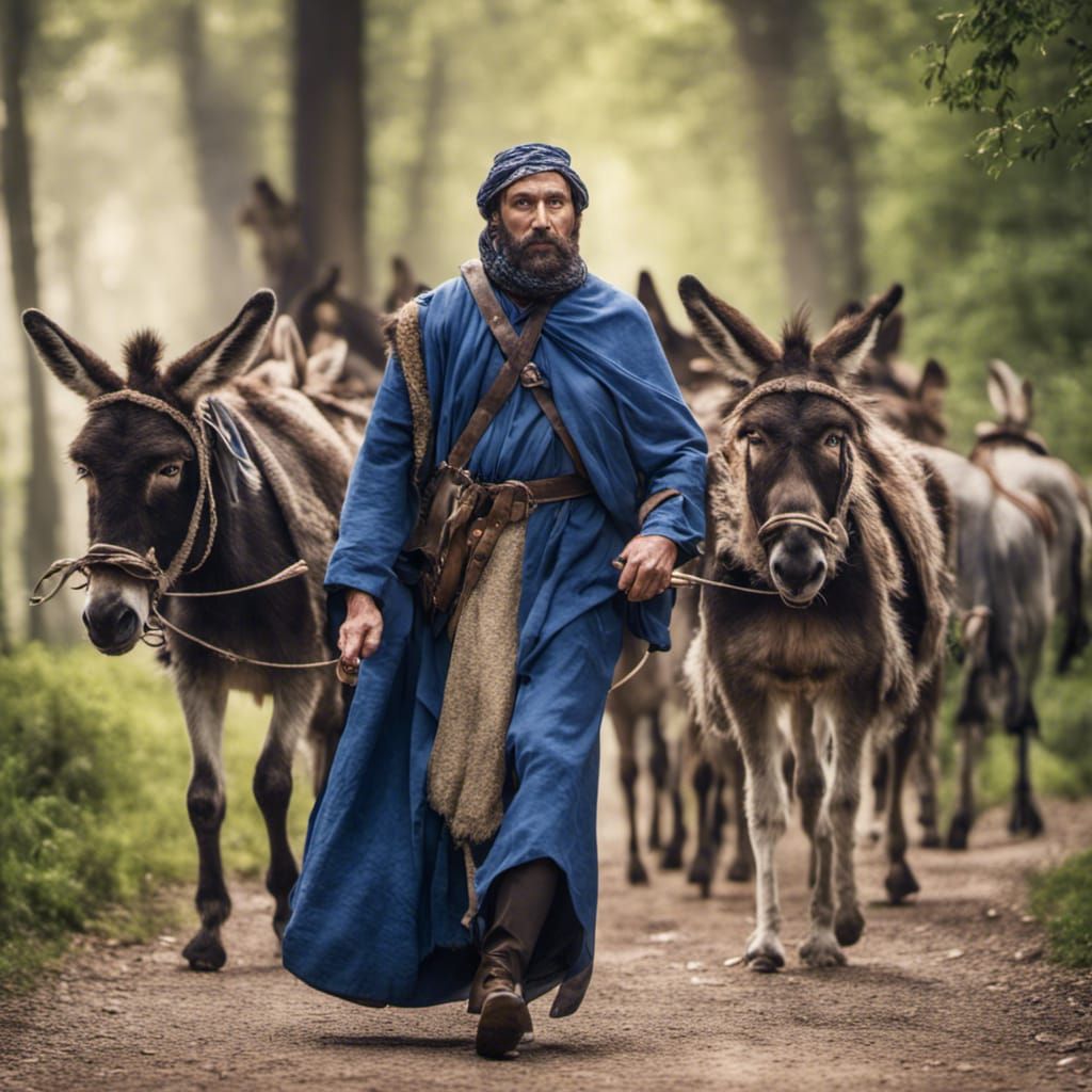 Medieval Merchant Leads Donkey Caravan in Forest