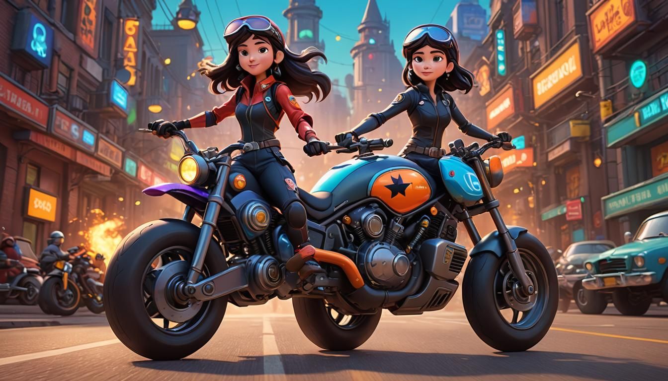 Wizard on Futuristic Motorcycle in Ghibli Cartoon Style