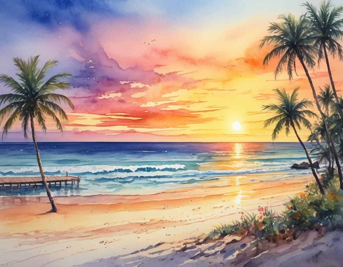 Tropical Beach Sunset in Watercolor Style