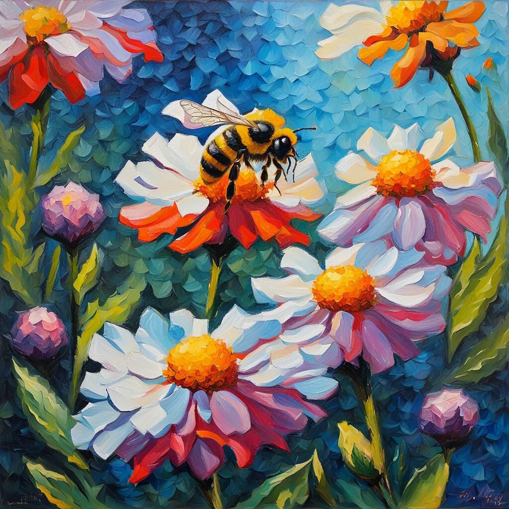 Bee on Flower in Expressionist Oil Painting