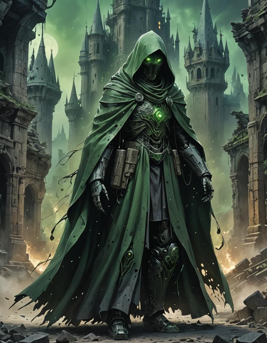 Robotic Figure in Green Cloak before Castle Ruins