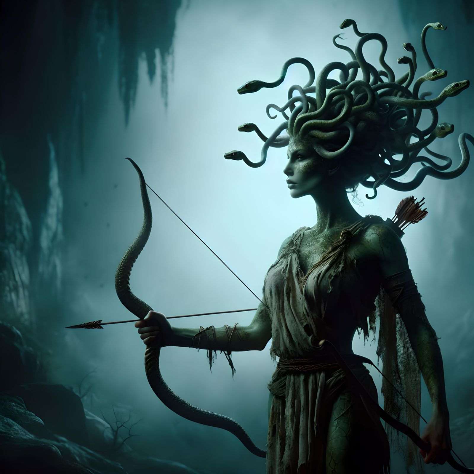 (Hyperrealistic:1.5) (Hyperdetailed:1.5) (8k resolution) (Photorealistic:1.5) Greek mythology Madusa was a beautiful wom...